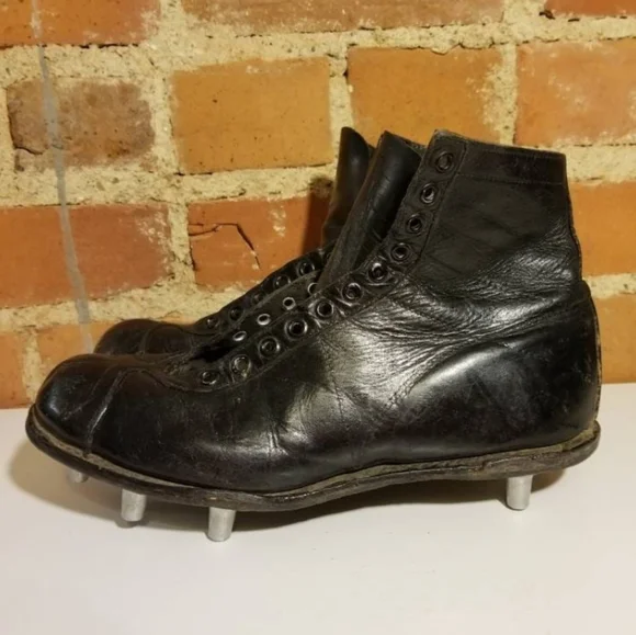 LEATHER CLEATS BLACK MENS VTG ATHLETIC SHOES FOOTBALL BASEBALL BOOTS SPORTS MENS